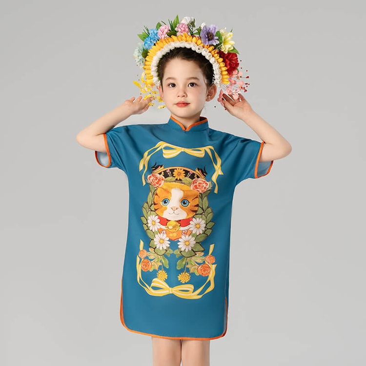 【中国直送】正月服 子供服 女の子チャイナドレス 夏服 子供中華風童謡スカート 遅波ブルー 100CM