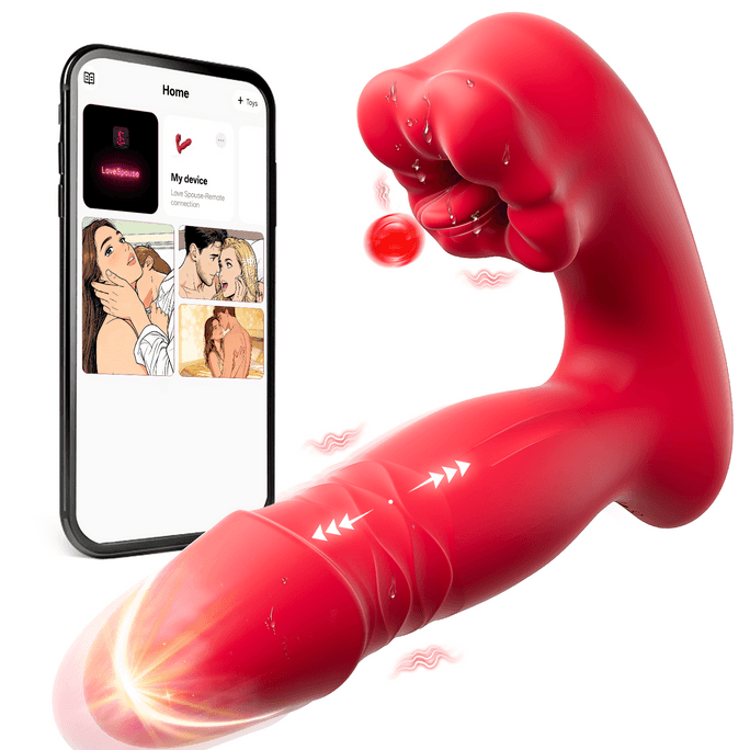 JuzPlay 女性用震动抽插式假阳具 G点大嘴巴玩具 阴蒂刺激器 性玩具 假阳具 震动棒 配备9频震动+9频舌舔+9频伸缩+加温+APP控制  适合女性及情侣使用的成人情趣玩具