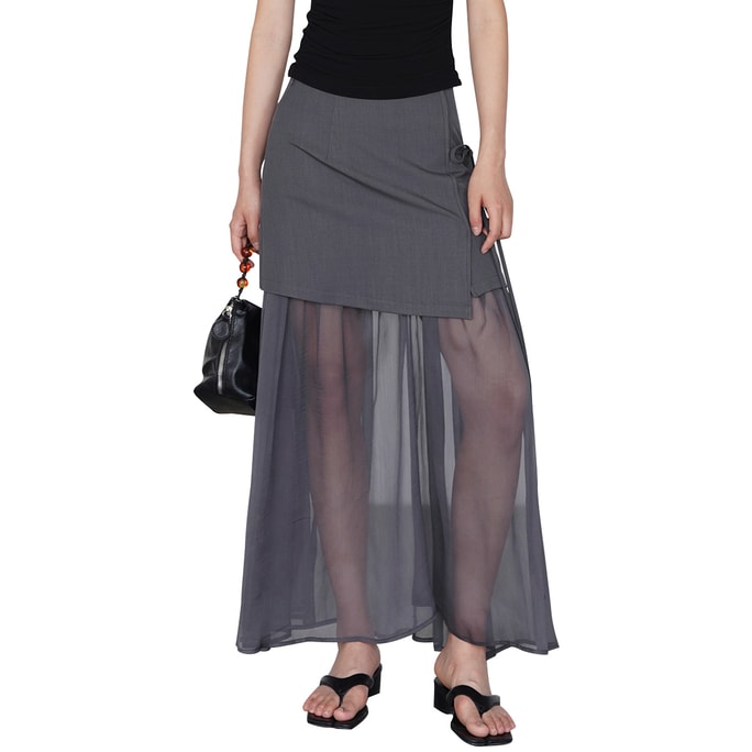 New Mesh Splicing A-Line Skirt Charcoal Gray S