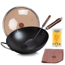 34CM Chinese Cast Iron Wok + Spatula Set Carbon Steel Pan With Lid Flat Bottom No Chemical Coated For All Stoves