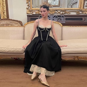 French-Style Little Black Dress, Boned Cami Dress, Birthday Cocktail Dress, Puff Dress Warm Winter Black, Longline XS