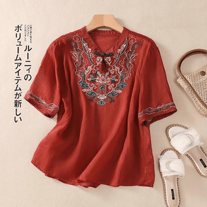 Chinese Style Linen-Cotton Embroidery Knot Button Loose Short Sleeve Tops Red M
