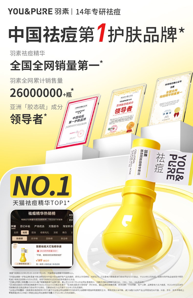 【中国直邮】 羽素 【陈梦同款】祛痘大灯泡 Ⅲ快速去痘 修护舒缓 痘肌精华液 【精准祛痘 痘肌天菜精华】15ml*1瓶