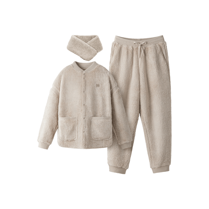 Men's Coral Fleece Pajamas Set Loungewear 501P Beige L