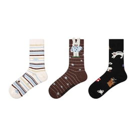 【中國直郵】 HSPM 秋冬新款珊瑚絨襪子 女款加厚保暖費爾島千禧風中筒襪 巧趣懶兔F 3雙裝