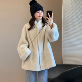 【中国直邮】 HSPM 韩版中古皮草外套女环保貂毛中长款立领宽松皮毛一体毛毛外套 米白染尖 M