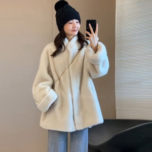 Korean vintage fur coat for women environmentally friendly mink fur  medium long style  stand up collar  loose fur  one piece fur coat  beige  M