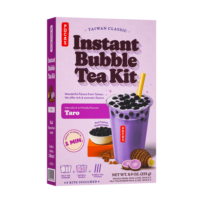 Instant Taro Boba Milk Tea with Bubble Tapioca Pearls Kit, 3 Pack, 8.99 oz