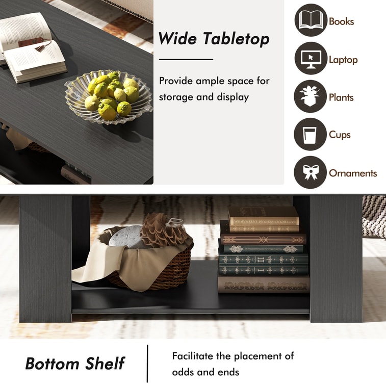 Large 36/41 Inch 2-tier Wooden Modern Coffee Table With Storage Shelf - Black 7