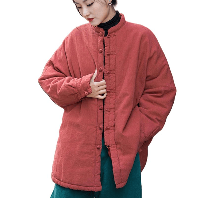 中国 ASIS秋冬款新中式苎麻加厚盘扣棉服棉衣-红色 均码