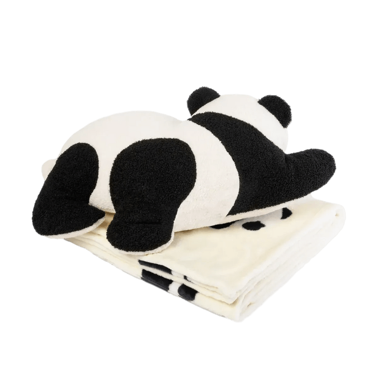 パンダポンポン付き 2-in-1 フランネル製 保温ブランケット＆枕 3