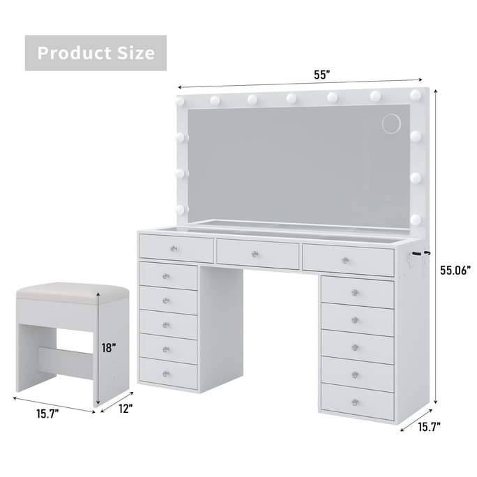 55-Inch Cream-Colored Vanity Table Hollywood-Style Adjustable 3-Color LED Lights Perfect for Single Women