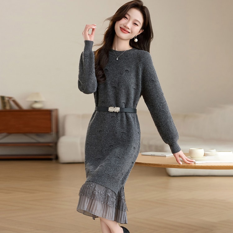 grey woolen dress New Style Mature Mature Mature Mature Waist Belt M vacation ready