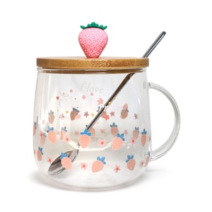 GINKGOHOME Cute Fruity Mug Glass Mug with Spoon and Wood Lid - Strawberry 1 8oz