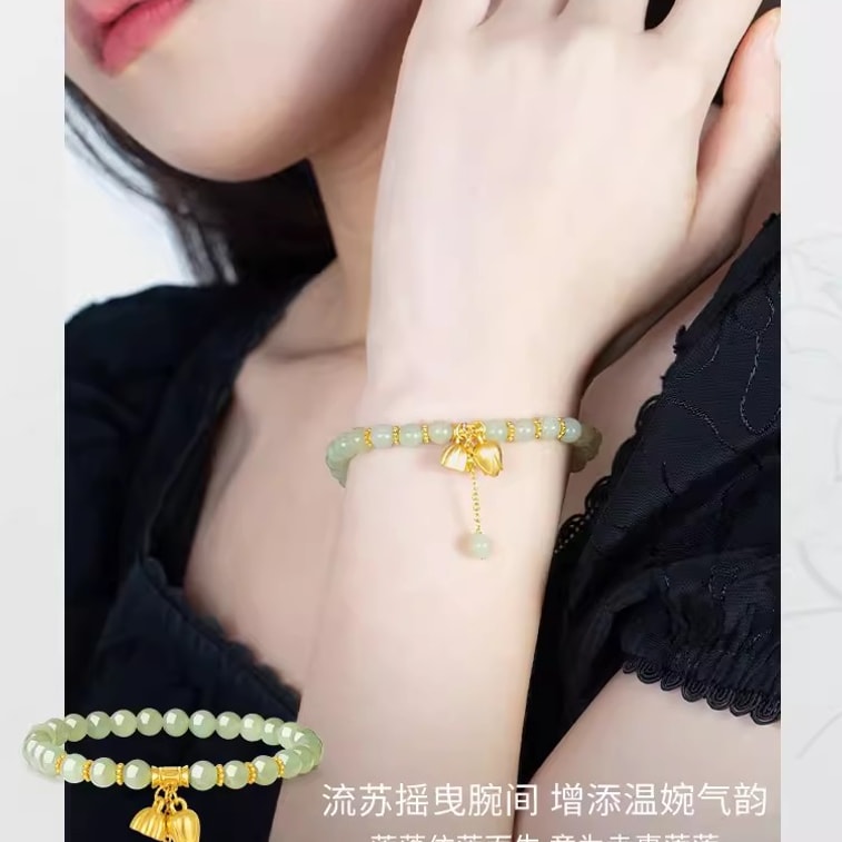 【中国直邮】周大生  莲蓬和田玉手串女转运珠两世欢玉髓纯银手链生日礼物送女友  莲蓬手串 4