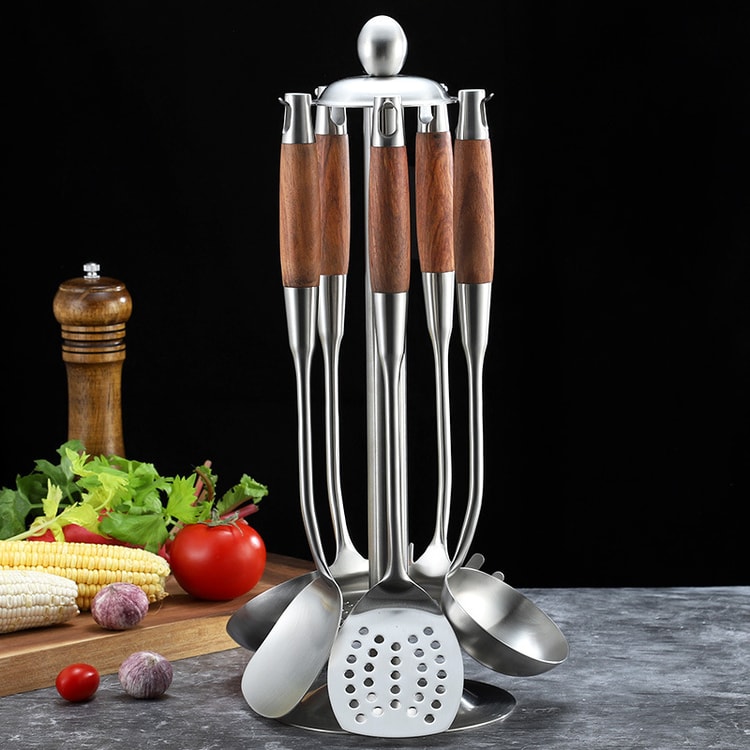 1pc Stainless Steel Household Kitchen Cooking Utensils With Wooden Handle,  Including A Soup Ladle, A Skimmer, And A Spatula