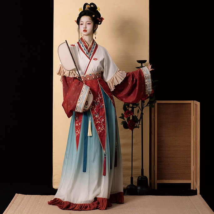 【中國直郵】 HSPM 魏晉復原款女士神仙服 傳統刺繡交領漢服 神仙服紅藍五件套L 1套