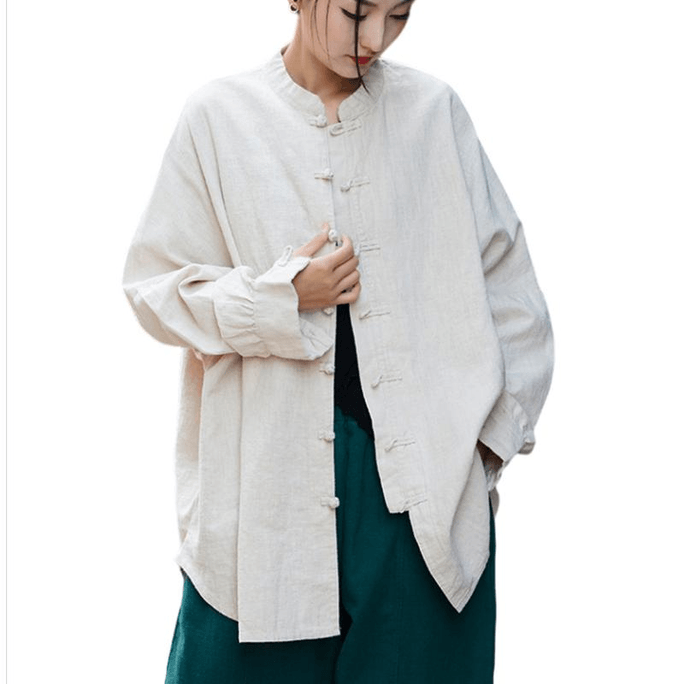 中国 ASIS秋冬款新中式苎麻盘扣宽松开衫外套-杏色 均码