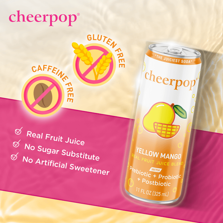 Cheerpop Yellow Mango Sparkling Fruit Juice Blend – Prebiotic, Probiotic & Postbiotic Functional Beverage – Real Fruit Juice – Gluten Free – No Caffeine – 11 Fl Oz – Pack Of 6 3