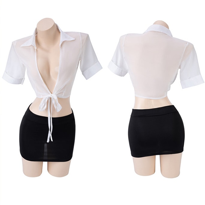 Fun Lingerie Sexy Suit Shirt Tie Up Split Tight Skirt Black White One Size