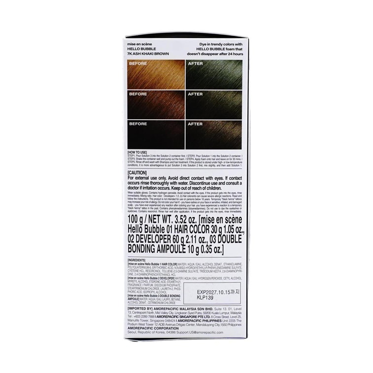 Coloration Cheveux Hello Bubble, Coloration Facile, 3,52 oz. #7K Kaki Cendré Brun 5