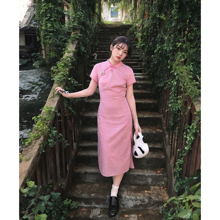 【中國直郵】 水月秦淮 甜美少女粉色新中式旗袍裙日常國風收腰顯瘦連身裙粉色L碼 6