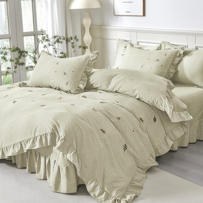 French Embroidered Leaf Linen-Cotton Bedding Set – 4-Piece, Duvet Cover 220×240cm, Bed Skirt 260×260cm, Double/Queen Size – Natural Wrinkled Texture, Elegant & Cozy, Conceals Under-Bed Space, Green