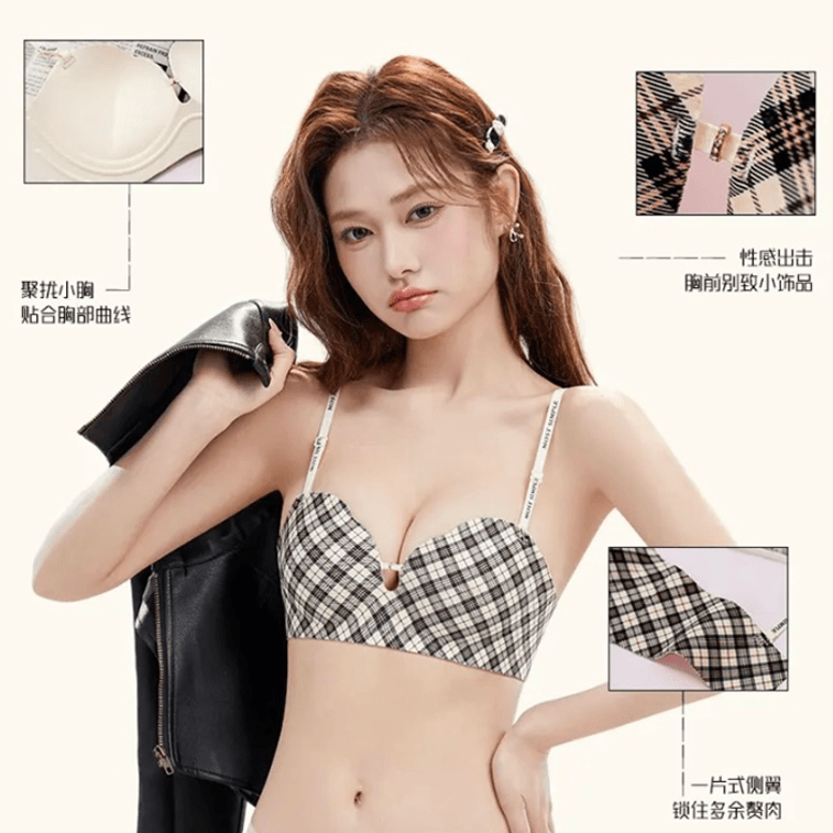 【Expédition directe de Hong Kong】 Soutien-gorge à armatures en coton pour femmes avec bretelles à carreaux et lettres, rose bonbon, 38/85AB, maintien souple, bonnets pétales sans trace, rehausse et remplit le sein. 3