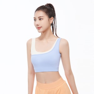 Color-blocked One-piece Yoga Bra High Elasticity High Impact Shockproof U-neck Sports Bra Frost Light Blue L 1 piece