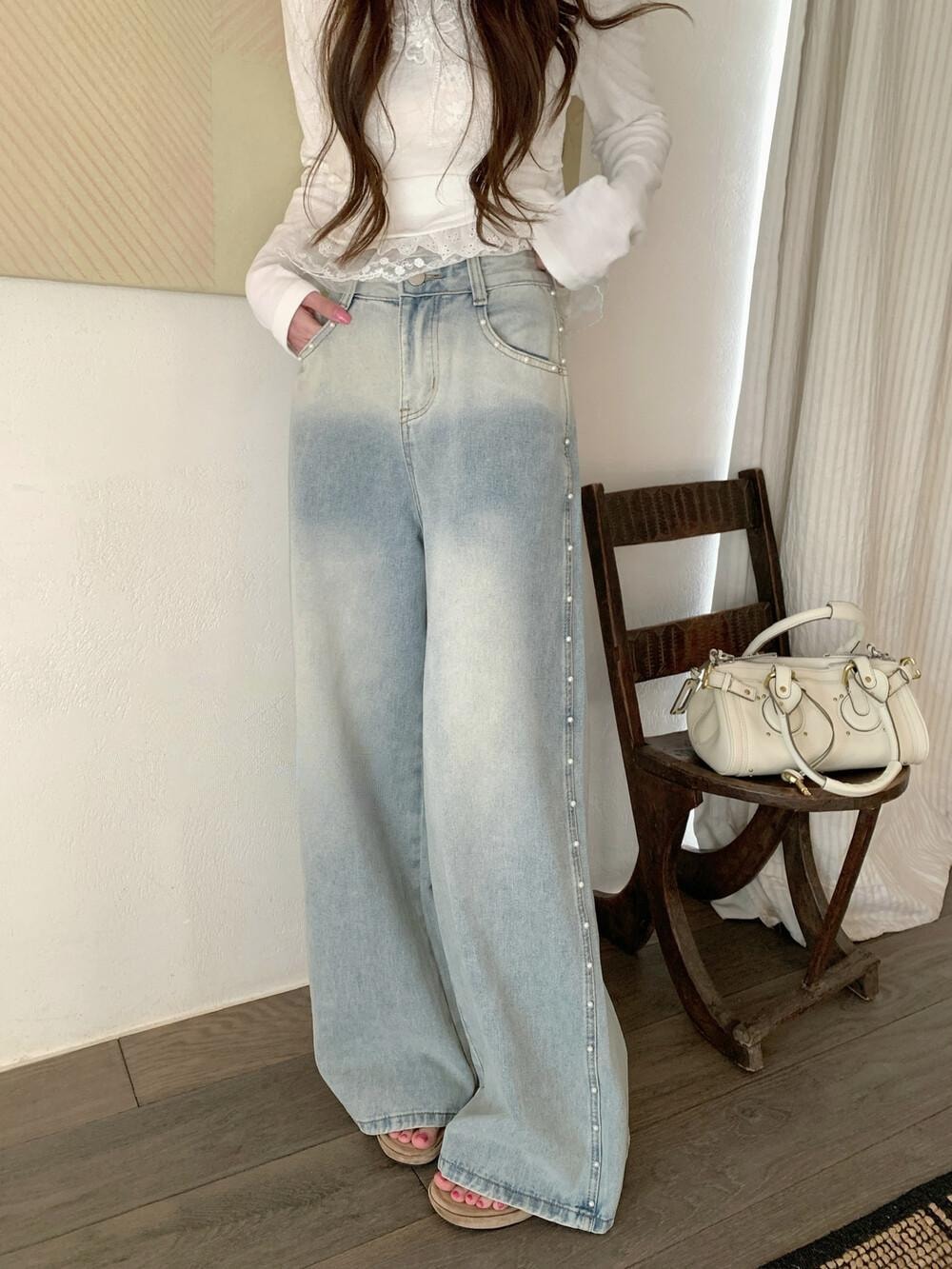 【加拿大直邮】 加拿大 SCENARIO 珍珠线条宽腿牛仔裤 浅蓝色 S-M码 浅蓝色 S