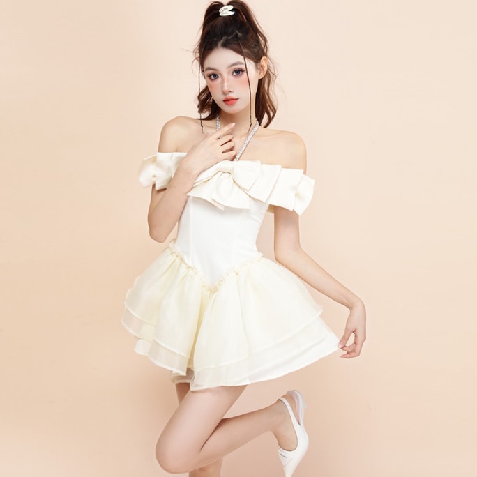 【中國直郵】 HSPM 新款鑲鑽蝴蝶結公主蓬蓬裙仙女連身裙 杏色 M
