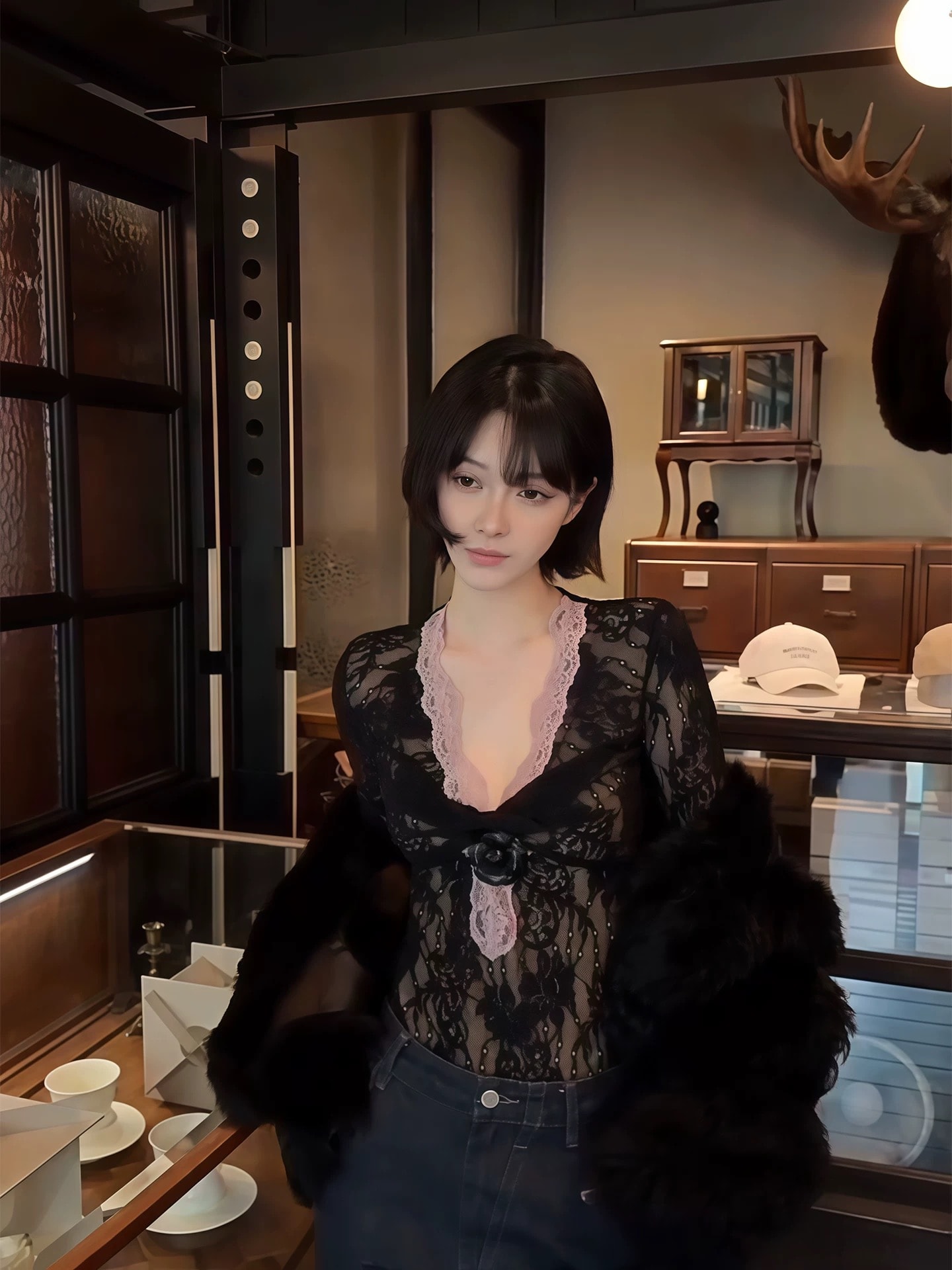 【加拿大直郵】 加拿大 SCENARIO 暗夜玫瑰蕾絲上衣 黑色 S-L碼 黑色 S