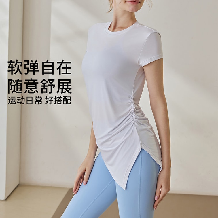 【중국 직배송】 HSPM 요가복 반팔 티셔츠 연한 꽃 회색 M 1개 여성 통기성 트임 힙 커버 운동 야외 필라테스 훈련 상의 3