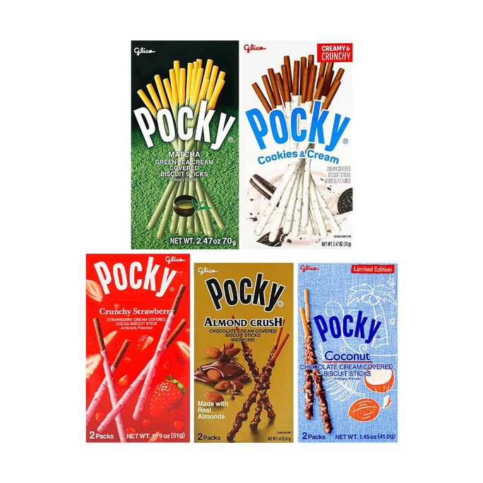 Pocky Chocolate Covered Biscuits Sticks, Almond+Coconut+Strawberry+Cream Cookies+Matcha Flavor,9.62oz【5 Combo Packs】