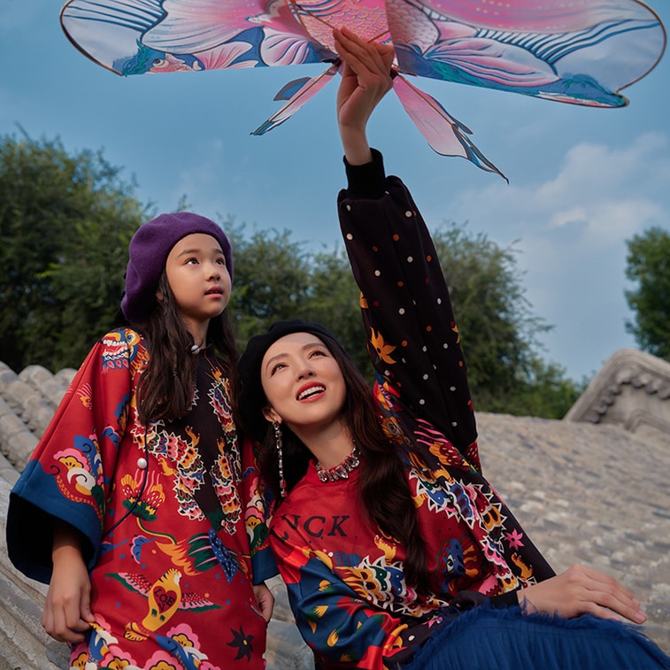 【中国直邮】年衣董璇同款女童花龙百变旗袍裙冬新款中式宝宝国风礼服加绒 年衣红 110CM 9