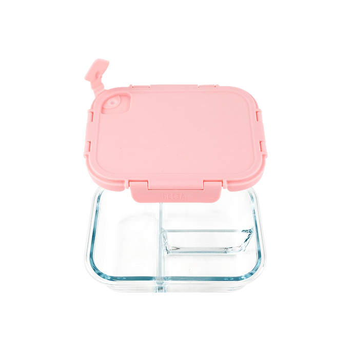 Rectangular Three Compartments Glass Lunch Box 1040ml  Pink