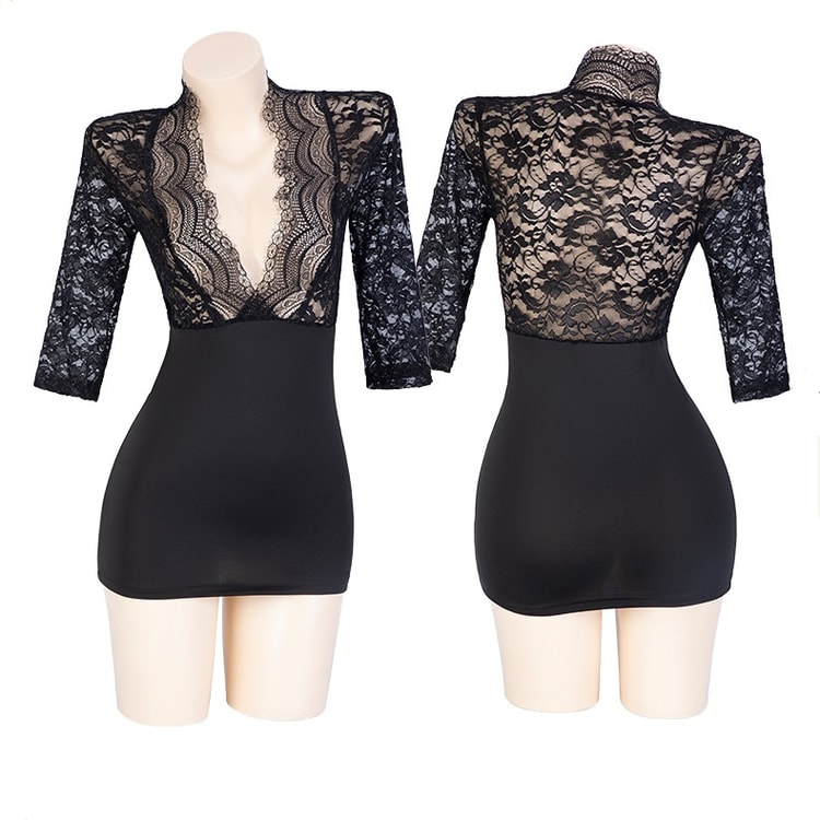 Sexy Lingerie Deep V Lace Secretary Dress 1 Piece Black One Size (No  Stockings) - Yami.com