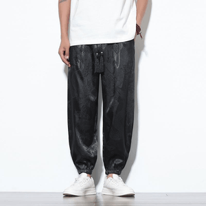Chinese Style Satin Dargon Print Loose Cuffed Pants for Men Black M
