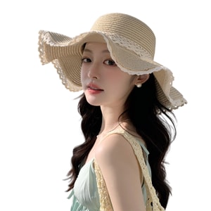 【中国直邮】 HSPM 法式大帽檐遮阳防晒帽户外海边沙滩草帽蝴蝶结太阳帽 米色F