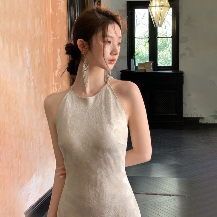 French Elegant Slim Waist Mermaid Dress Halter Long Dress Off Shoulder Sleeveless Natural Linen L 1 Piece 3