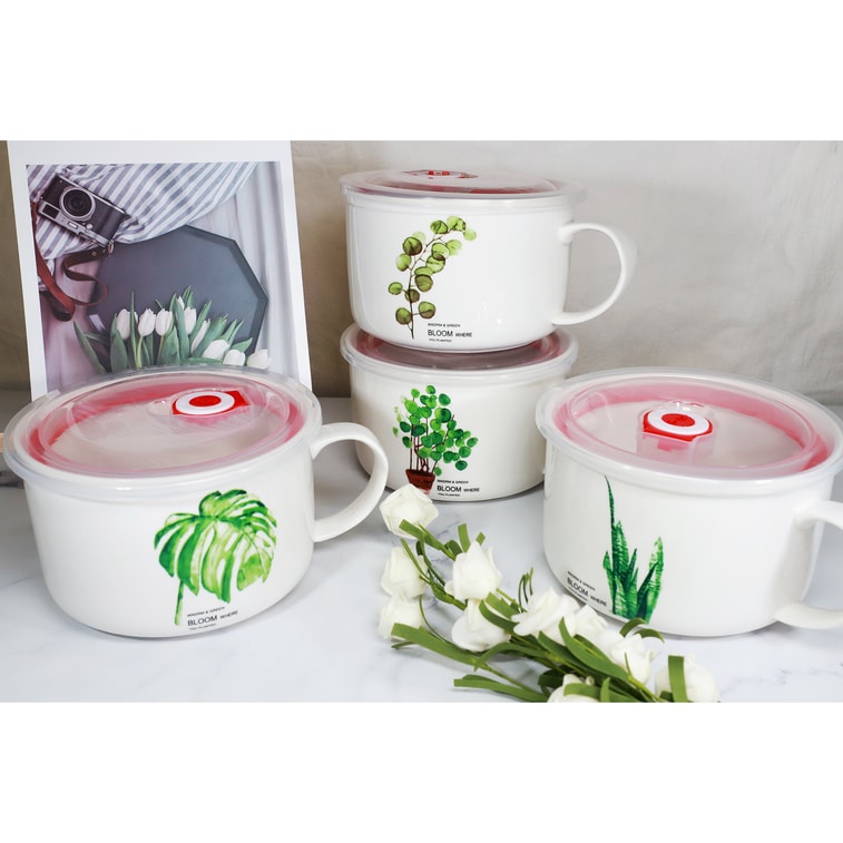 GINKGOHOME Microwavable Ceramic Noodle Bowl with Handle and Seal Fine Porcelain Green Leaf Design - Leaf 4 24oz 7