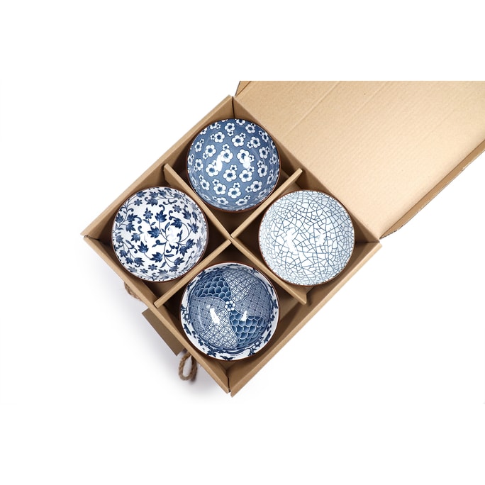 GINKGOHOME 日式手绘餐具 青花碗4件套 精美陶瓷餐具礼盒装 4.5英寸