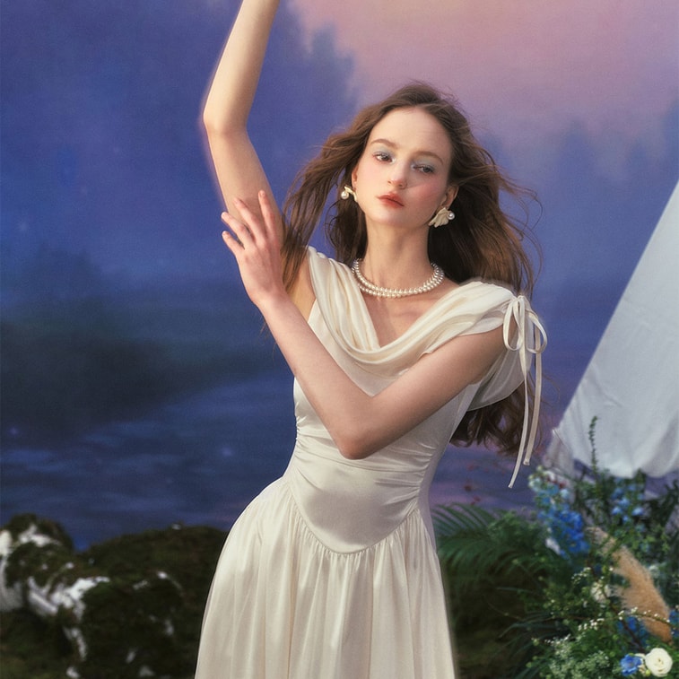 French Palace Design White Dress Slouch Neck Dress High-end White XL Size 7