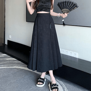 Chinese Style High Waist Jacquard Tassel Pleated Skirt Black 2XL
