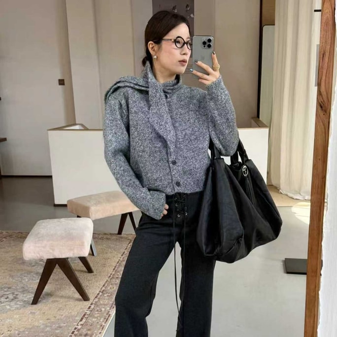 【カナダ直送】SCENARIO ウール混 着心地抜群 スカーフカラー ニットカーディガン フリーサイズ 3色展開 グレー (フリーサイズ)