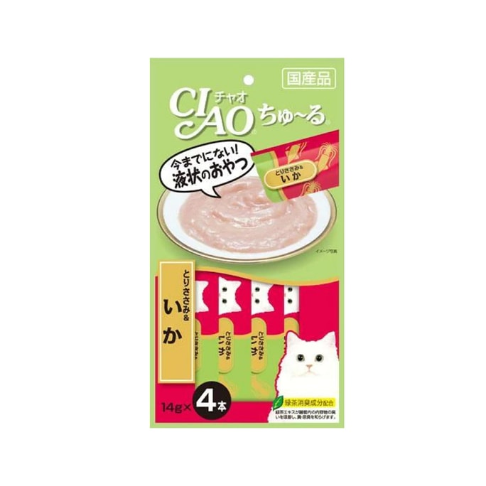 【日本直邮】INABA 伊纳宝 CIAO 猫零食 啾噜柔软肉酱 补水肉泥猫条 鸡肉+鱿鱼 14g*4