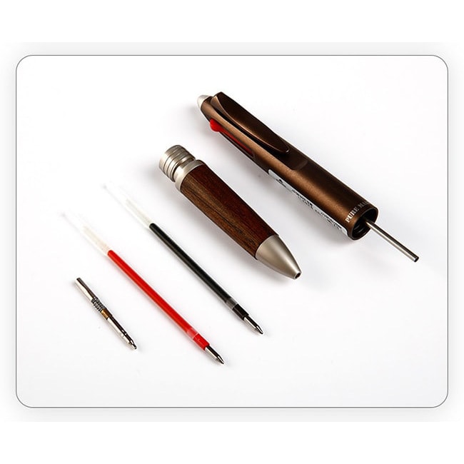 【日本直邮】UNI三菱铅笔 木柄多功能笔0.7mm 黑红圆珠笔+0.5mm自动铅笔 深棕色