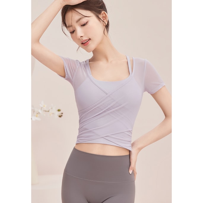 [中国からのダイレクトメール] HSPM 新作高価値フィットネスピラティスヨガトレーニング半袖TシャツグレーパープルM