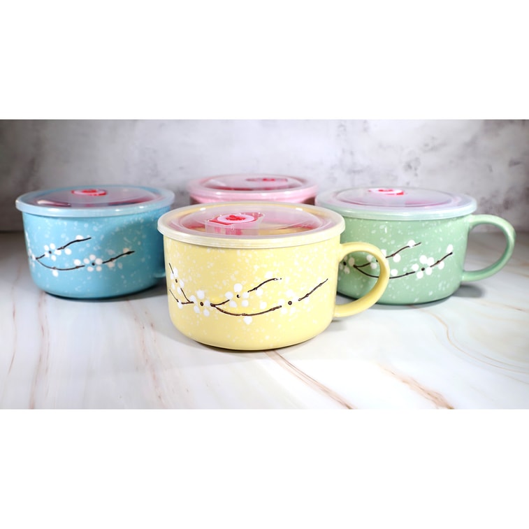 GINKGOHOME Microwavable Ceramic Noodle Bowl with Handle and Seal Sakura Snow Flake Floral Design - Ocean 24oz 4