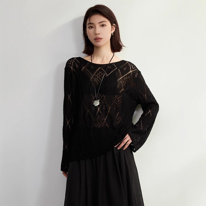 New Early Autumn Design Thin Style Long Sleeved One Neck Hollow Cover Sweater Knitted Sweater Black M